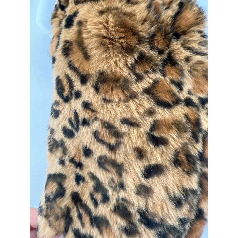 Bloomingdales Real Rabbit Fur Scarf Brown Leopard Mob Wife Luxury Rex Silk Lined
